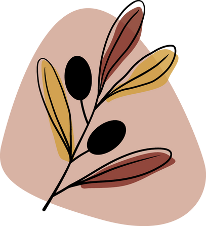 Trauerwerkstatt Logo: ein kleiner Zweig eines Olivenbaums auf einer Kieselsteinförmigen farblichen Unterlegung. Manchmal wird der Zweig und der Hintergrund in grün dargestellt, hier jedoch in rosa, roten und gelben Farbtönen